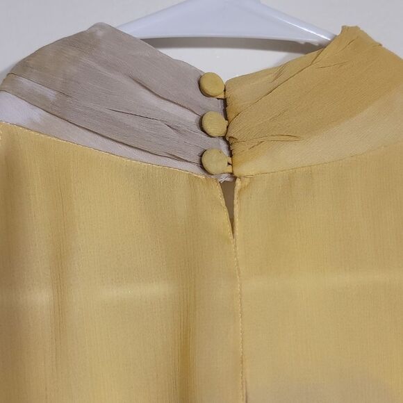 Style & Co Yellow Brown High Neck Blouse Bow Tie Front sz 12 GUC - Picture 5 of 7